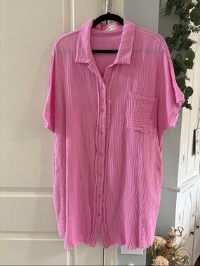 Lightweight Pink Gauze Swim Coverup Shirt Dress